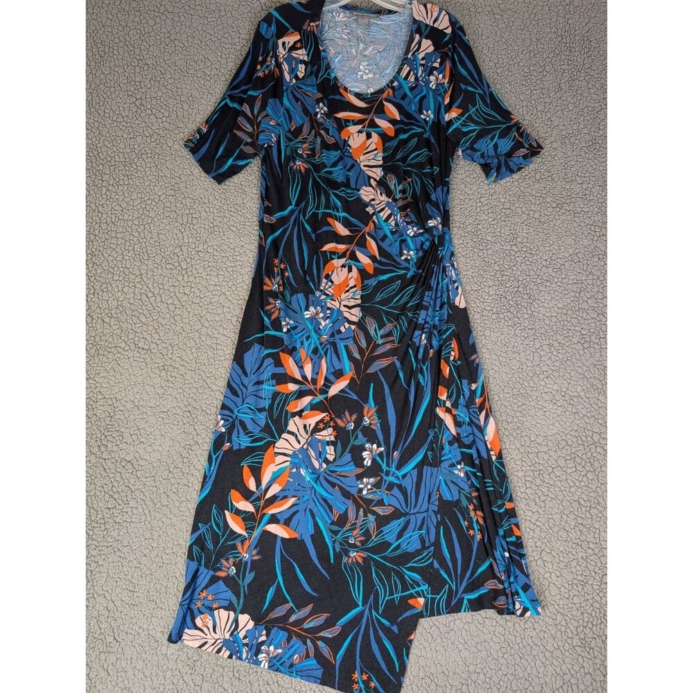 Kate & Mallory Maxi Dress Size XL Faux Wrap Jersey Tropical Floral Black Beach